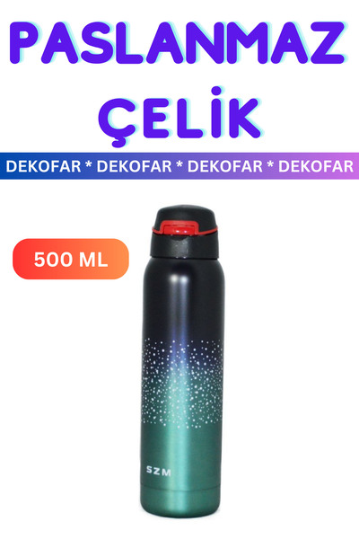 DEKOFAR Yaldız Desenli Siyah-Yeşil 500 ml Çelik Termos, Szm Pipetli Paslanmaz