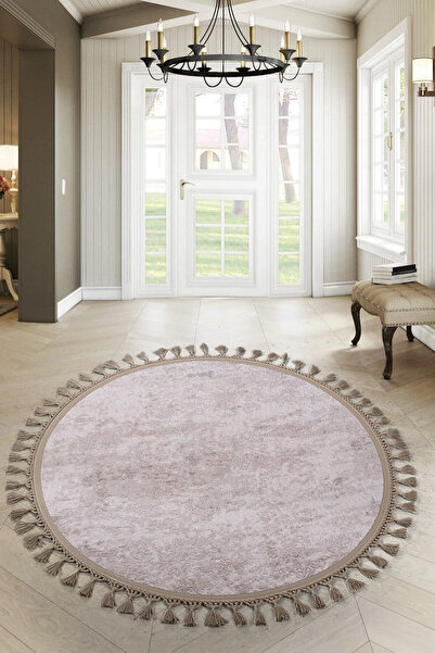 Teksev Nova Vizon Yuvarlak Yolluk Ponpon Saçaklı Kaymaz Tabanlı Yumuşak Oda K...