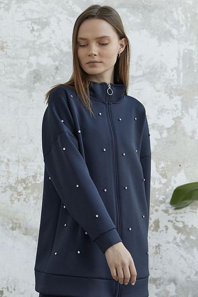 InStyle Stone Detailed Zippered Scuba Set - Navy Blue