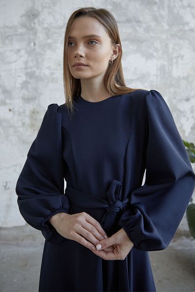 InStyle Balloon Sleeve Belted Búvárruha - sötétkék