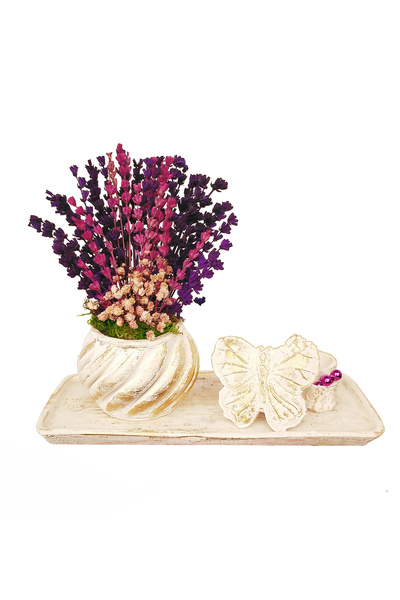 çiçekseli Cream Butterfly Serisi Pembe Mor Lavanta & Yüzük Kutulu Saksı Setin...