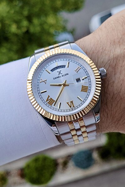 Daniel Klein Gold Silver Color Men's Wristwatch with Calendar and Day Function