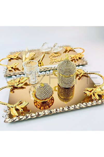 Cyz Home Suport pentru inele din sticlă cu pietre aurii și perle - Set de tăvi pentru ceașcă de cafea pentru logodna și mire