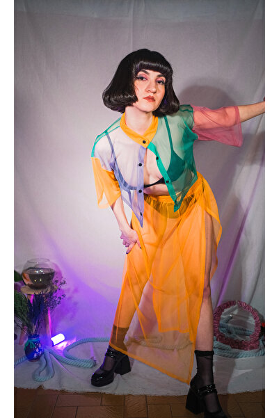 melongeneco Tül Sarı Etek Yırtmaç Detaylı Beli Lastikli Etek