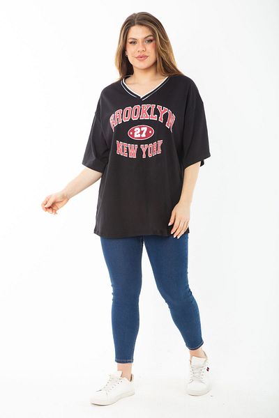 Şans Women's Large Size Black Cotton Fabric V-Neck Ribbed and Print Detailed Tunic 65N37456