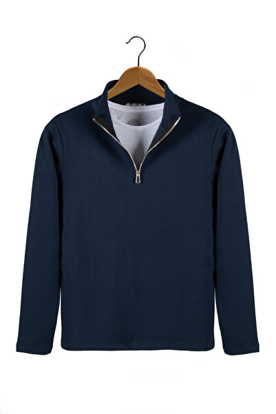 Terapi Men Erkek Lacivert Yarım Fermuarlı Basic Düz Sweatshirt