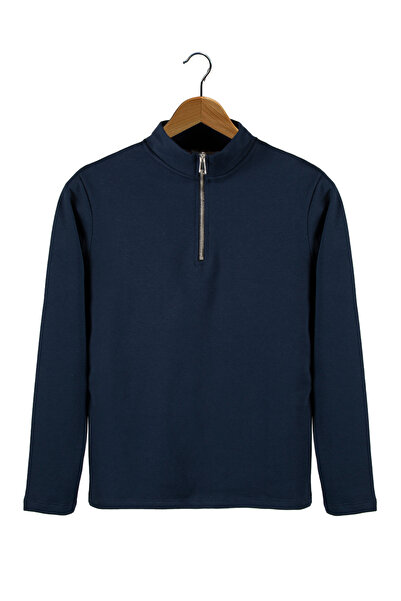 Terapi Men Erkek Lacivert Yarım Fermuarlı Basic Düz Sweatshirt