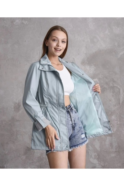 Alegante معطف واق من المطر نسائي بسحاب ورباط على الخصر بلون النعناع