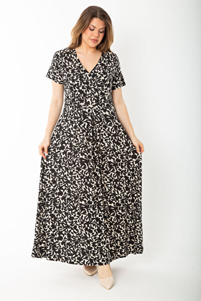 Şans Women's Large Size Black Wraped Collar Long Dress 65N37461