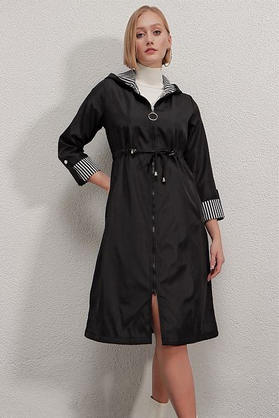hazelin Women's Black Waist Gathered Hooded Long Trench Coat Hzl22w-bd190911