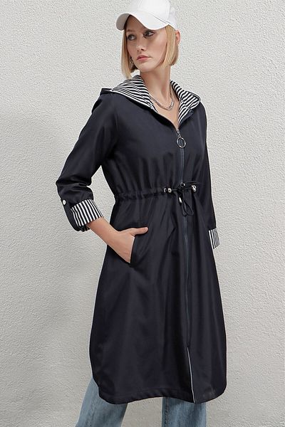 hazelin Women's Navy Blue Gathered Waist Hooded Long Trench Coat Hzl22w-bd190911