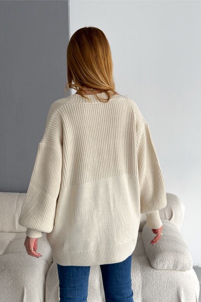 FEMELLE Women's Beige Standard Size Buttoned Oversize Knitwear Cardigan with Denim Pockets