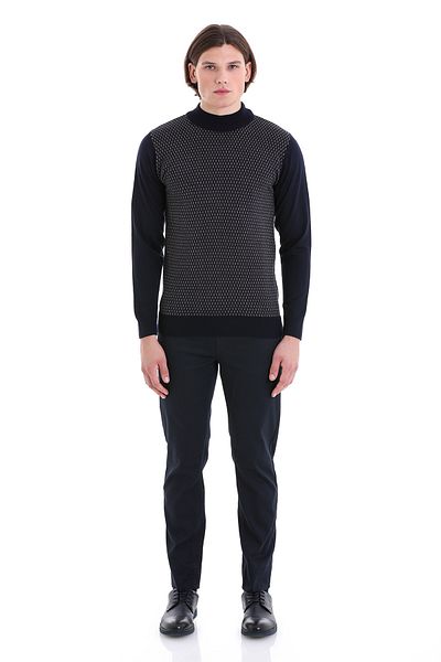 Hatemoğlu Navy Blue Regular Fit Jacquard Half Turtleneck Wool Knitwear Sweater