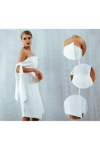 nish for you White Shoulder Detail Midi Design Dress