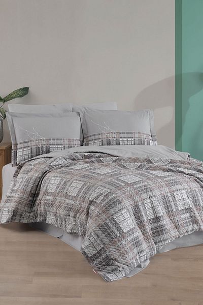 Hobby Lucia Gray Double Duvet Cover Set - Poplin Quilted