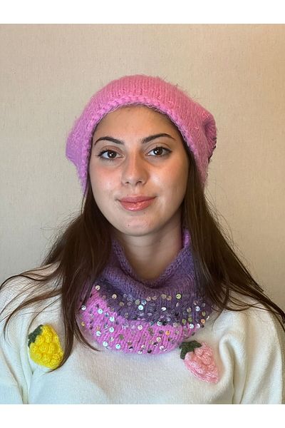Gönülden Tasarım WOMEN'S BEANIE NECK COLLAR SET SEQUINED SEQUINED HAND KNITTED SOFT SET SUIT Purple