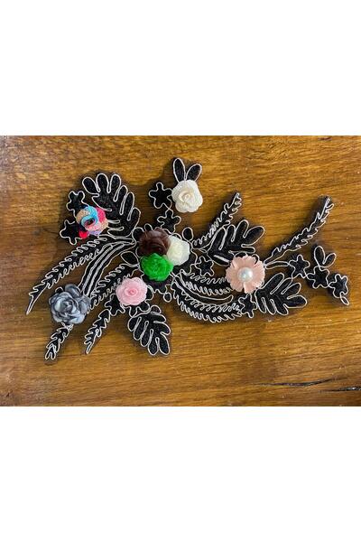 Gönülden Tasarım 29x17 Cm Siyah Güpür Nakış Işleme Renkli Çiçekli Aplike Diki...