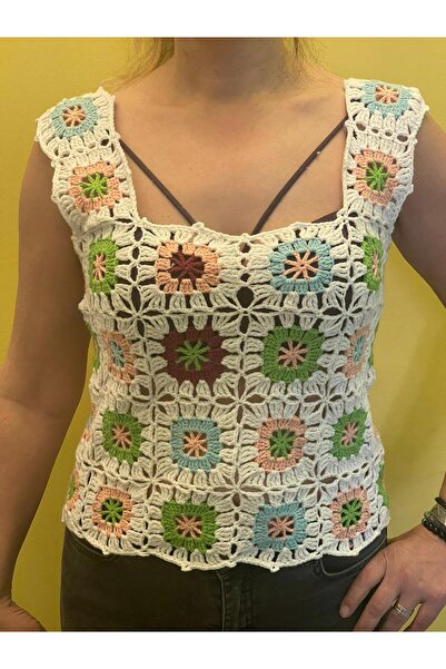 Gönülden Tasarım El Örgüsü Renkli Motifli Askılı Kadın Bluz Bady Süveter Yeni...
