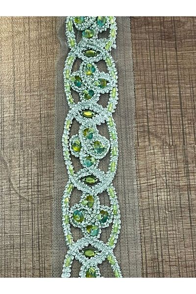Gönülden Tasarım Nile Green Sequined Beaded Guipure Embroidery Strip Width 4 Cm (1 METER)