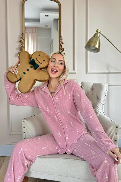 Pijamaevi Pudra Kalp Desenli Önden Düğmeli Peluş Polar Pijama Takımı