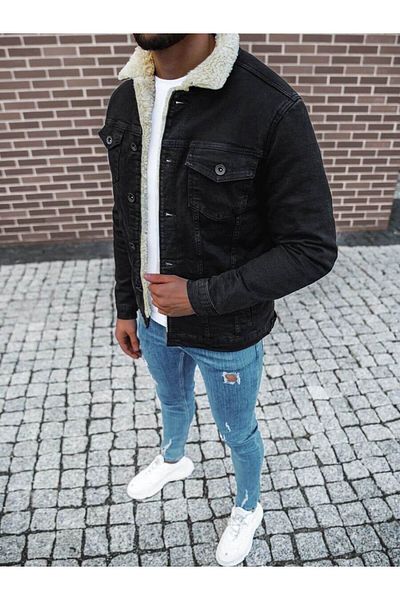 Cuqq Denim Ανδρικό τζιν μπουφάν με λευκή γούνα σε μαύρο χρώμα