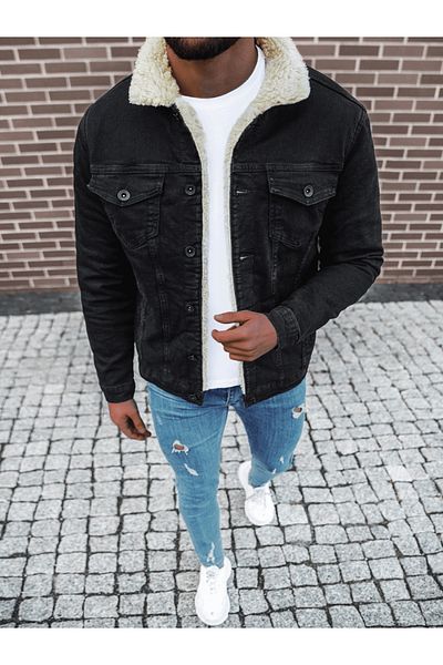 Cuqq Denim Ανδρικό τζιν μπουφάν με λευκή γούνα σε μαύρο χρώμα