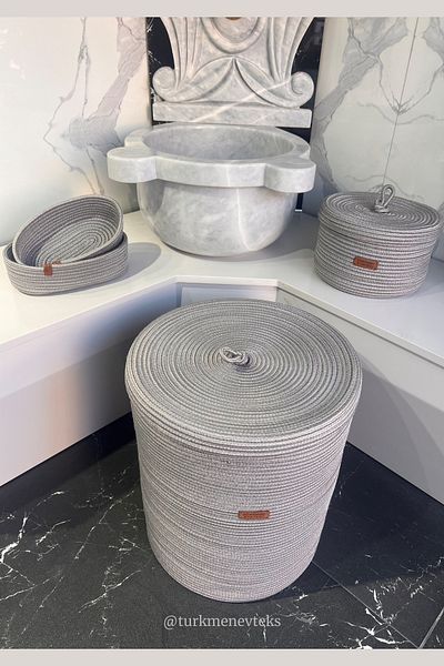 Türkmen Ev Tekstil Γκρι γιούτα, Σετ Καλάθι Πλυντηρίου 40x45, 2 Οβάλ με 1 Πόρτα