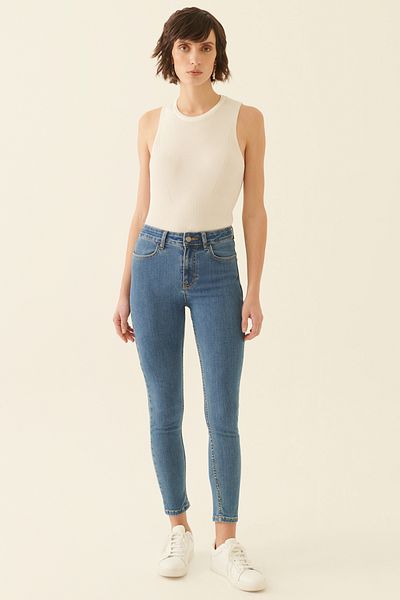 Perspective Romets Slim Fit knöchellange Denim-Hose mit hoher Taille und blauer Farbe für Damen