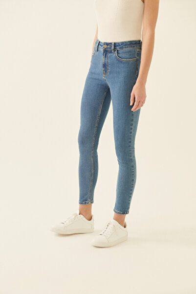 Perspective Dámské džínové kalhoty Romets Slim Fit délka ke kotníkům s vysokým pasem Modrá barva