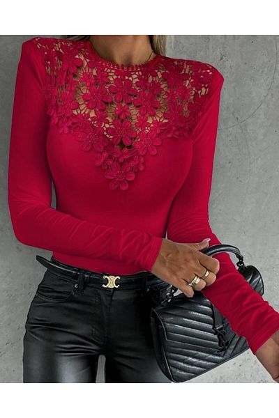 ERGUR KAYA Women's Long Sleeve Guipure Detail Diving Blouse