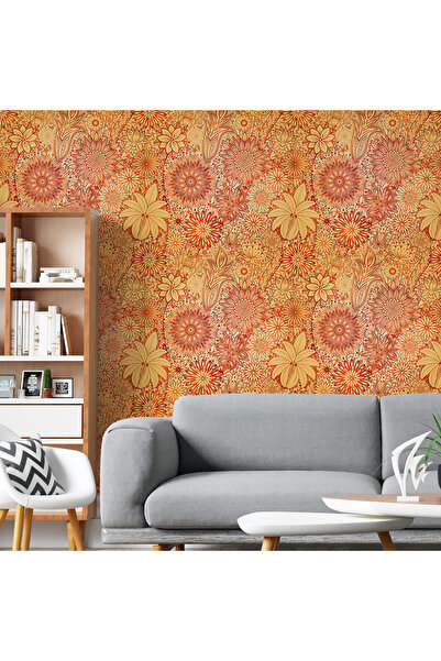 Plustablo Osmanlı Tarzı Çiçek Temalı Duvar Kağıdı, Sarı Çiçekli Salon Duvar Kağıdı, Trend İşyeri Duvar Kağıdı
