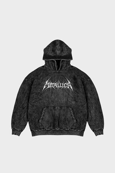 Sekizbiraltı Πλυμένο μαύρο Metallica λογότυπο τυπωμένο Oversize Unisex Hoodie