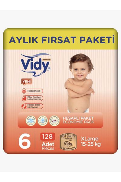 Vidy حفاضات أطفال مقاس 6 X-large بريميوم 128 قطعة 32x4 باكج اقتصادي/15-25 كغ/ مقاومة للتسرب هايبو ألارجينيك