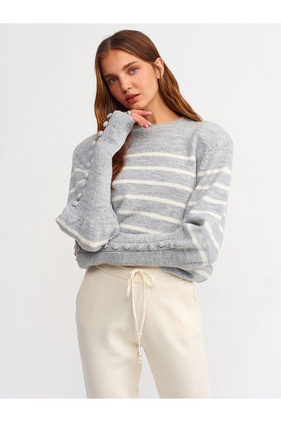 Dilvin Crocifissa Women's Gray Crew Neck Padded Striped Sweater