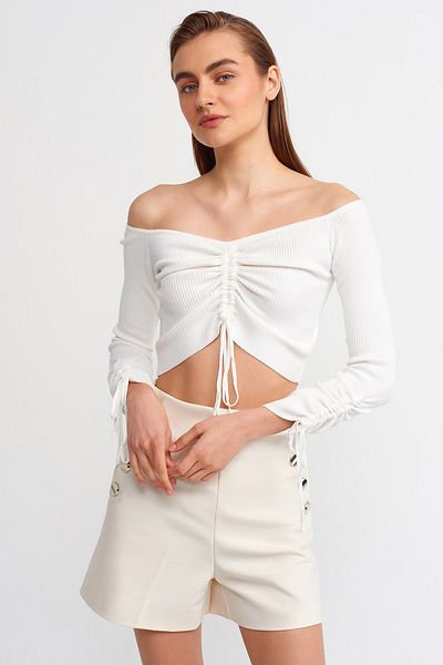 Dilvin 10192 Pulover cu șireturi cu umăr dezactivat-ecru