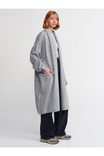 Dilvin 60197 Shawl Collar Pocket Knitwear Cardigan-Grey