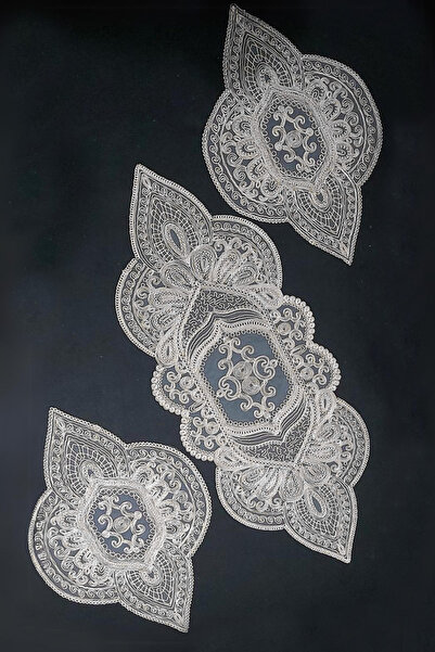 Çt Çeyizci Tekstil طقم غرفة المعيشة، غطاء طاولة القهوة المكون من 3 قطع لغرفة النوم، طقم غرفة مكون من 3 قطع من غطاء الطاولة - كريمي