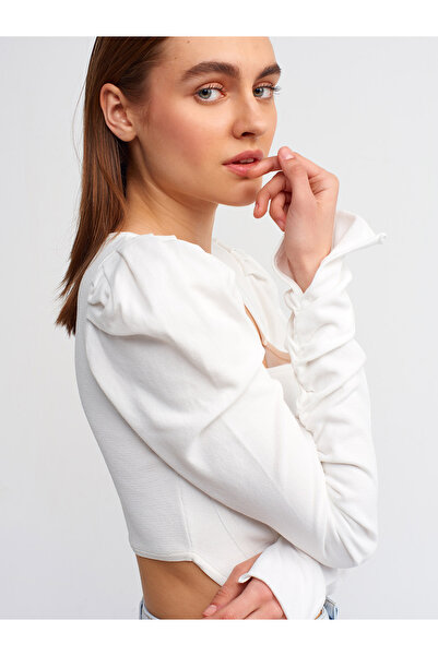 Dilvin Ecru Square Collar Sleeve Pleated Sweater