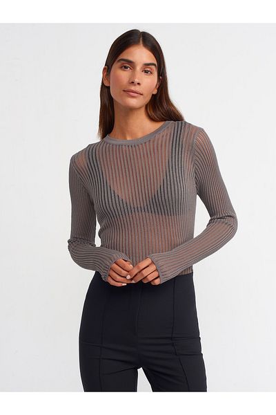 Dilvin 10355 Crew Neck Transparent Sweater-Smoked