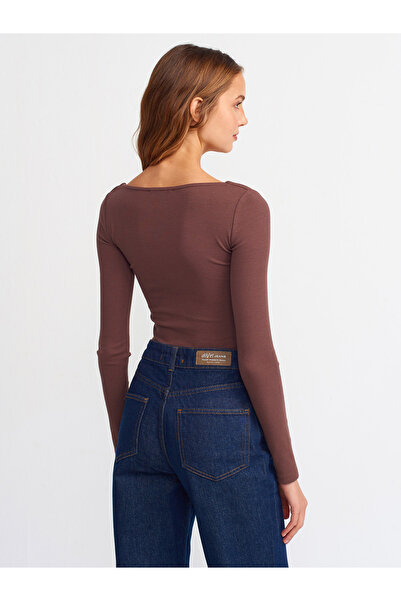 Dilvin 3700 žebrovaný top s dlouhým rukávem-tmavě hnědý