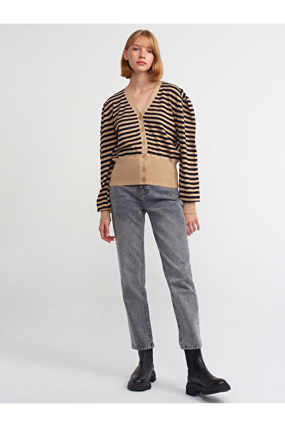 Dilvin 60181 V-Neck Striped Cardigan-beige-black