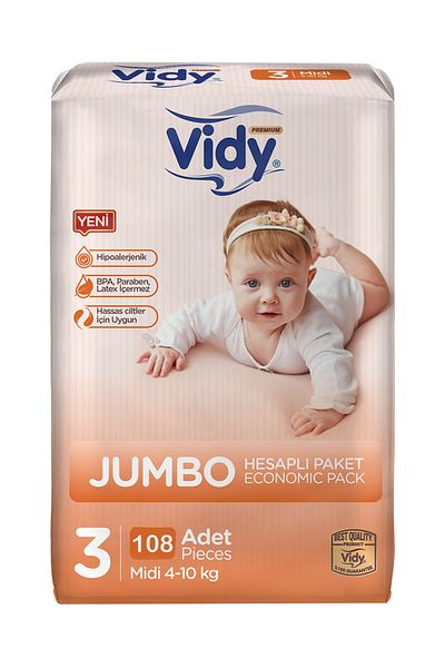 Vidy مقاس 3 حفاضات أطفال متوسطة الحجم بريميوم 108 قطعة 54x2 عبوة اقتصادية/4-10 كجم/ مقاومة للتسرب ومضادة للحساسية