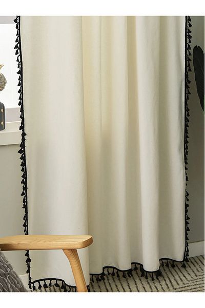 Perdeplus Linen Bohemian Beige Background Curtain Black Tufted Vintage Bohemian Design