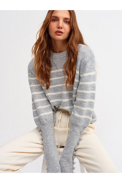 Dilvin Crocifissa Women's Gray Crew Neck Padded Striped Sweater