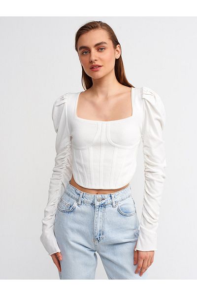 Dilvin Ecru Square Collar Sleeve Pleated Sweater