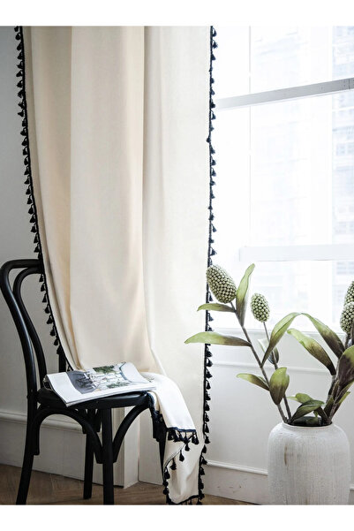 Perdeplus Λινό Bohemian Beige Κουρτίνα Μαύρη Φούντα Vintage Bohemian Design