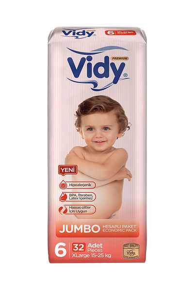 Vidy Baby Diaper Size 6 X-large Premium 32 Pieces Jumbo Economic/15-25 Kg/leakproof Absorbent Hypoallergenic