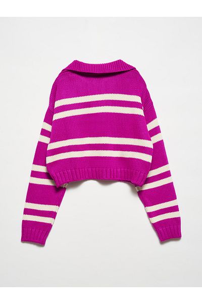 Dilvin 10235 Polo Neck Striped Sweater-raspberry