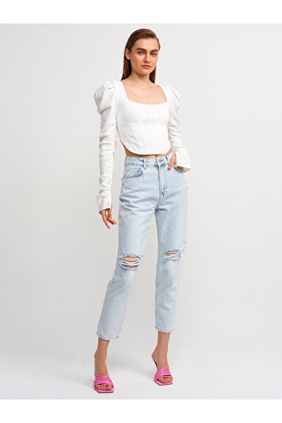 Dilvin Ecru Square Collar Sleeve Pleated Sweater