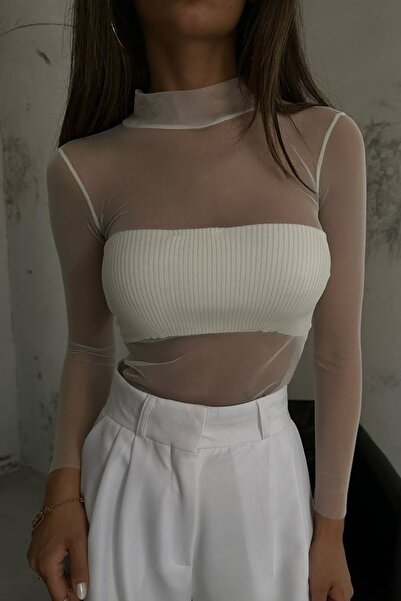 vuvutasarım White Tulle Detailed Long Sleeve Blouse - New Season 23W15021